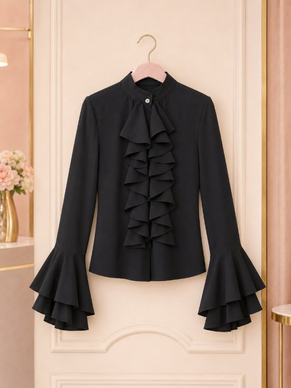 Elegant Black Ruffle Front Bell Sleeve Statement Blouse S–L - Picture 3 of 4